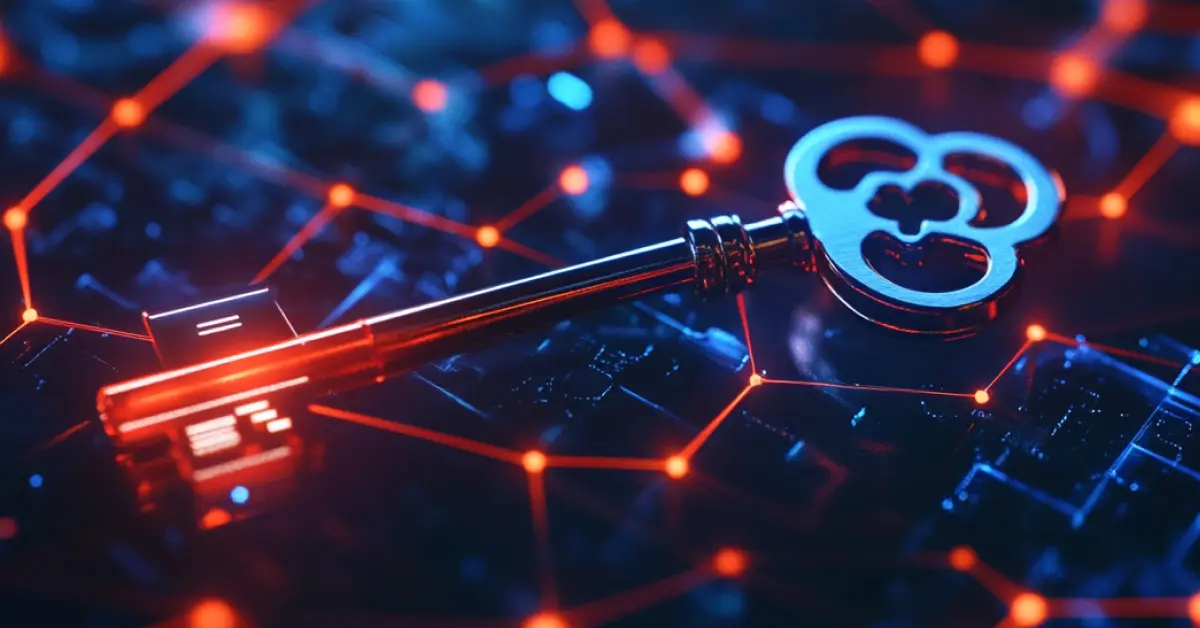 A vintage key rests on a glowing red hexagonal grid, symbolizing digital security.